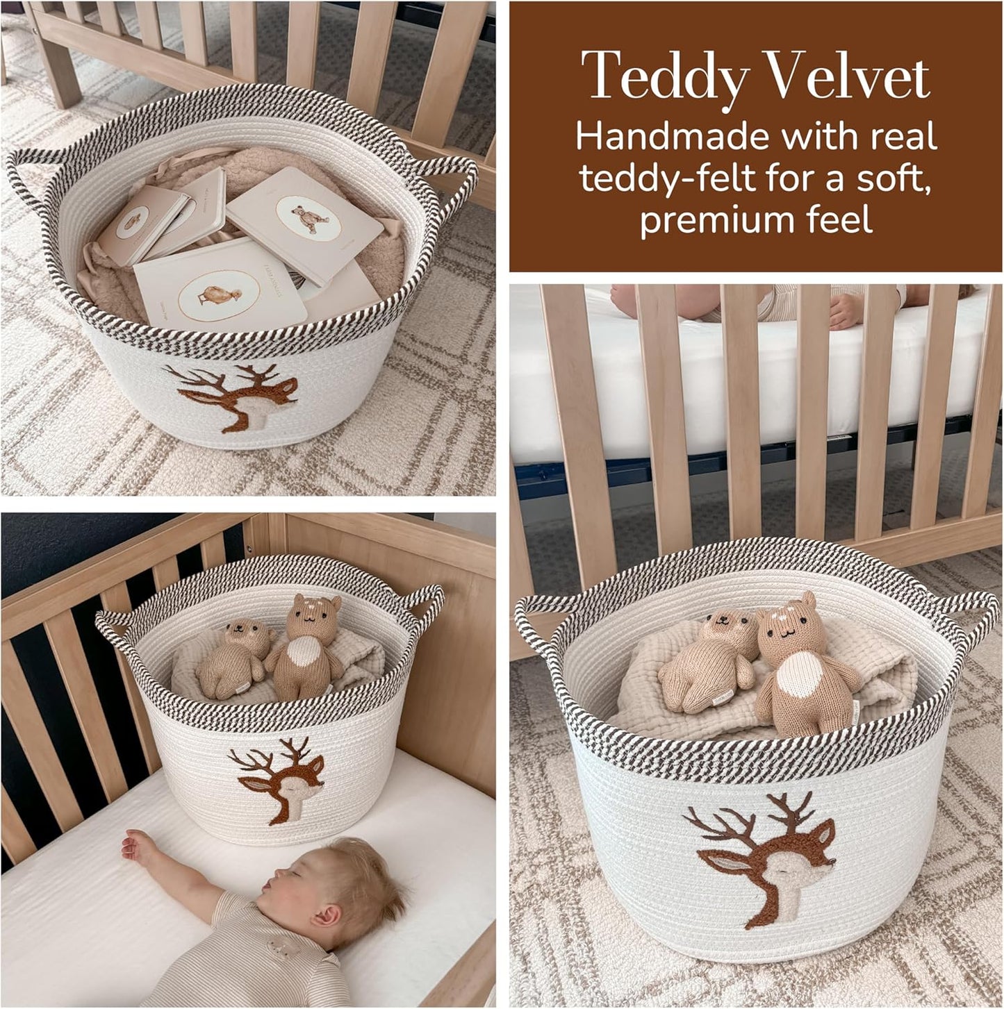 Deer Storage Basket for Nursery – Large 15”x11” Cotton Rope Bin with Soft Felt Animal Patch – Toy Organizer, Baby Laundry Hamper, Diaper & Towel Holder – Foldable, Washable & Baby-Safe
