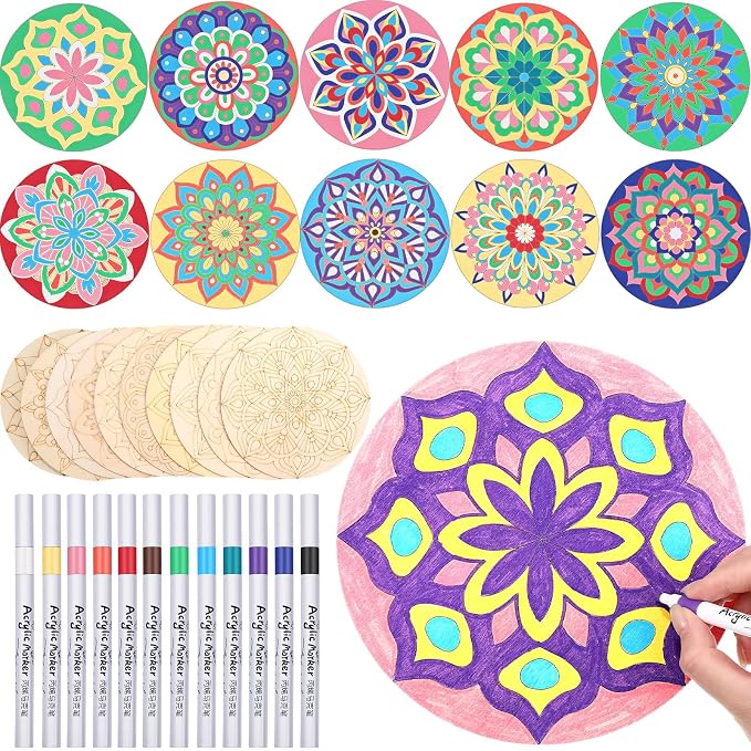Vercraft 22 Pcs Wooden Mandala Painting Set 10 Mandala Unfinished Wood Cutouts