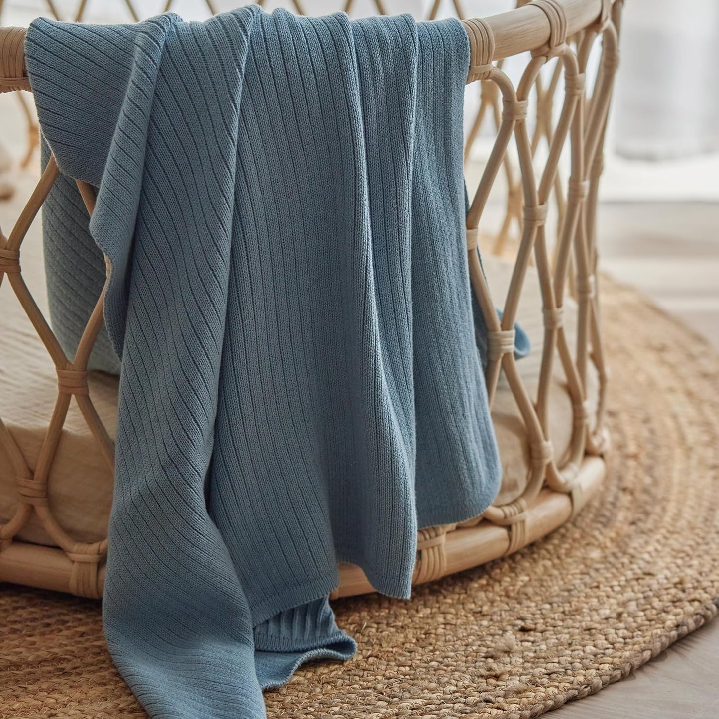Knitted Organic Cotton Baby Blanket- Swaddle Blanket, 30" x 40" Soft Receiving Blanket for Newborn (Ribbed - Polar Blue)