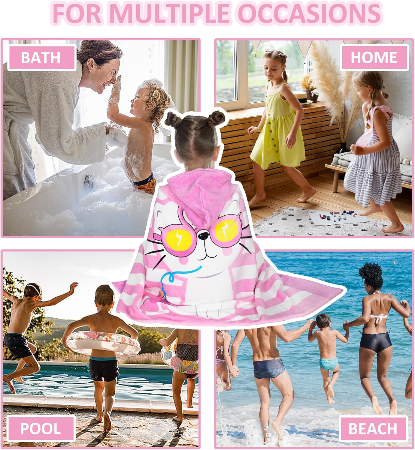 Kids Hooded Bath Towel-Soft Thick 100% Cotton Hooded Beach Towel for Kids 3-10 Years,Absorbent Fast-Drying Cute Toddler Bath & Swim Towel,for Boys & Girls 30"x50"(cat Pink)