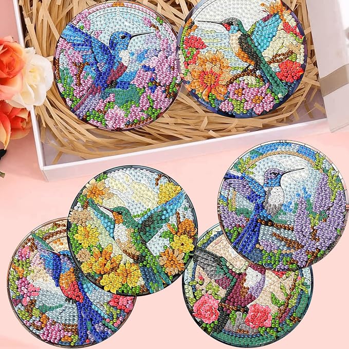 8 Pack Diamond Art Coasters, Hummingbird flowers Diamond Painting Coasters |