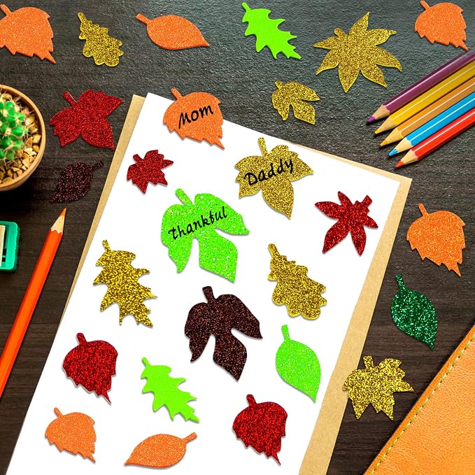 Coopay Glitter Fall Leaf Stickers Thanksgiving Christmas Adhesive Foam Maple