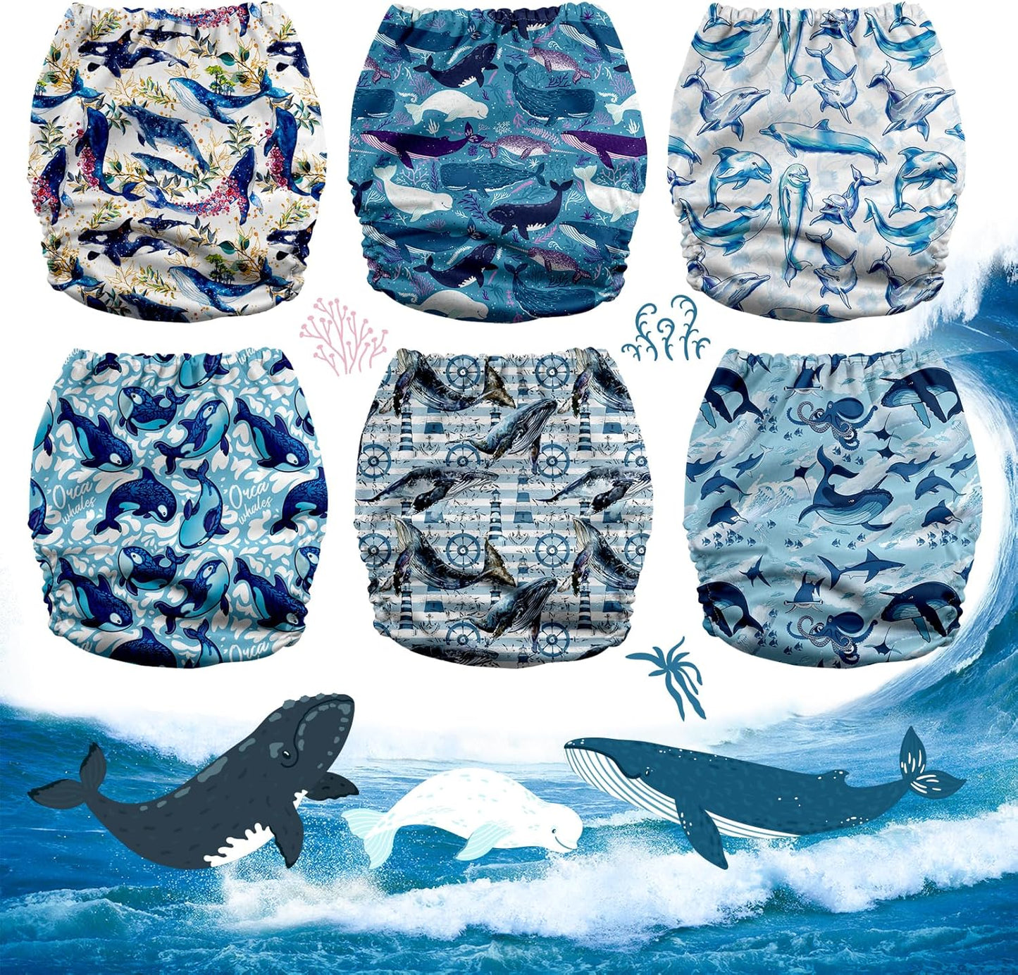 Mama Koala 3.0 Pocket Cloth Diapers for Babies with AWJ Lining, 6 Pack with 6 4-Layer Natural Cloth Diaper Inserts - Reusable and Washable Pocket Diapers(Whales)