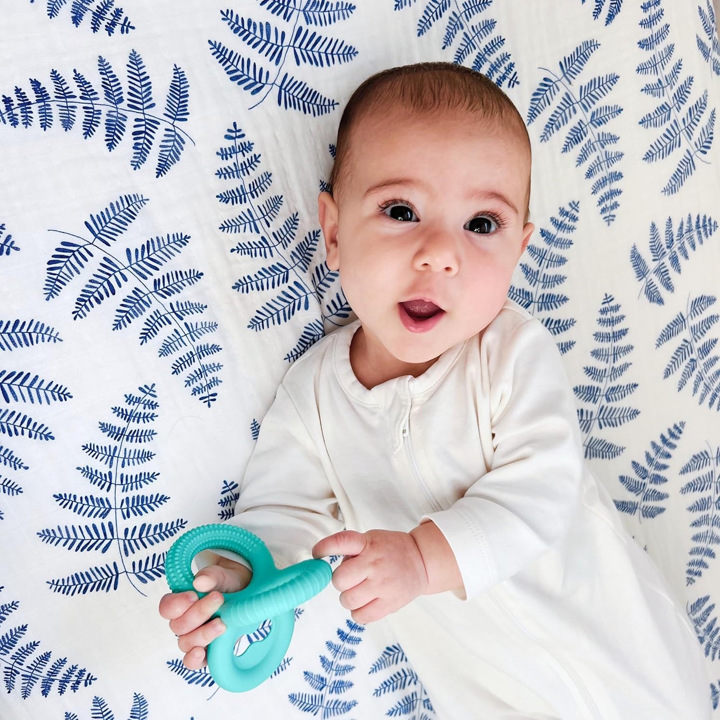 Margaux & May Organic Muslin Cotton Baby Crib Sheet, Blue Fern Print, Fitted, Breathable, Toddler Bedding, 52 x 28, Deep Pocket, Organic Crib Sheets for Cozy Sleep