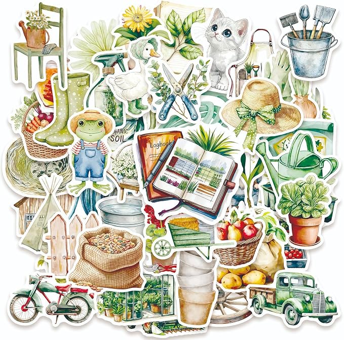 50 Pcs Cute Garden Farm Life Stickers, Vintage Plant Gardening Tool Animal