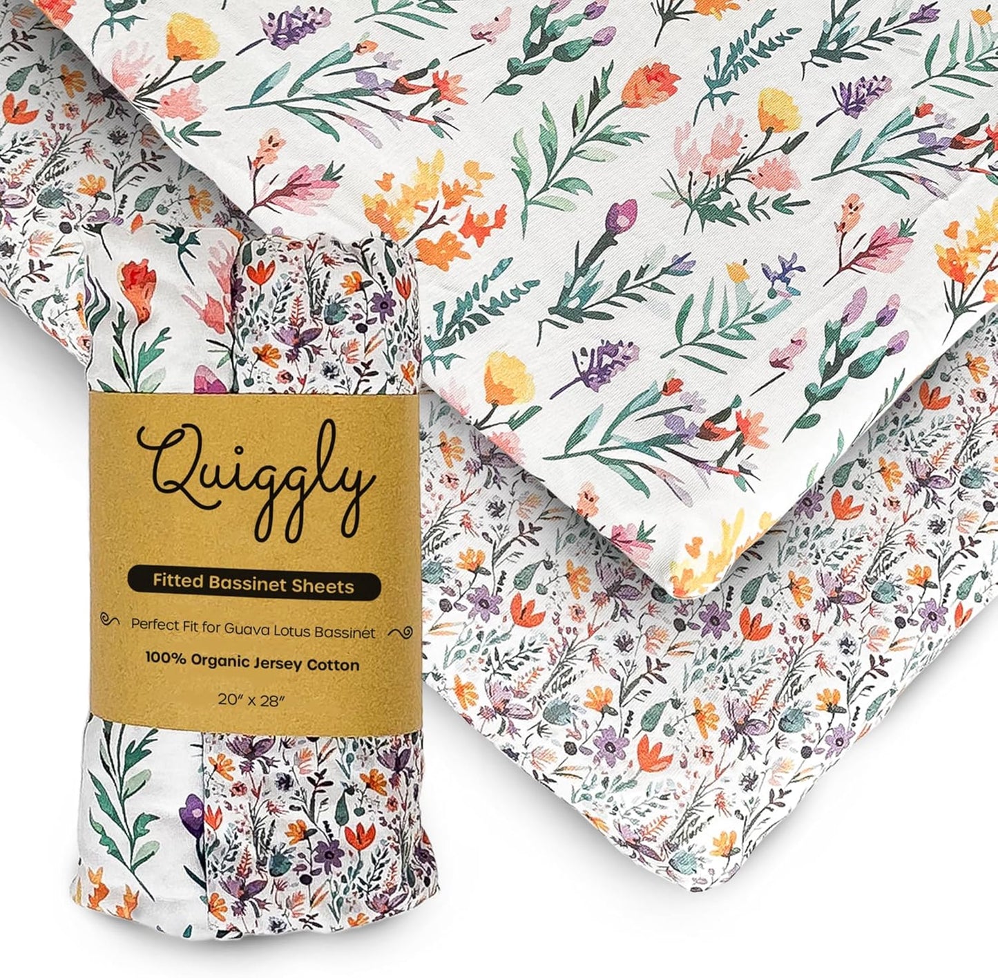 Quiggly Bassinet Sheets for Guava Lotus, 2 Pack Organic Cotton Jersey Knit, Vibrant Floral Patterns - Fits Travel Crib Mattresses for Boys & Girls (Bassinet, Wildflower Dreamin')