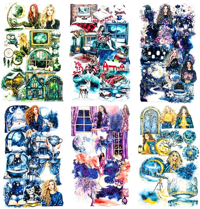180 PCS Fantasy Midnight Aesthetic Scrapbook Stickers – Boho Watercolor Dreamy