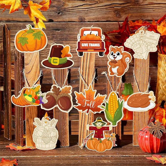 36PCS Wooden Thanksgiving Decoration Fall Ornaments to Paint Happy Thanksgiving