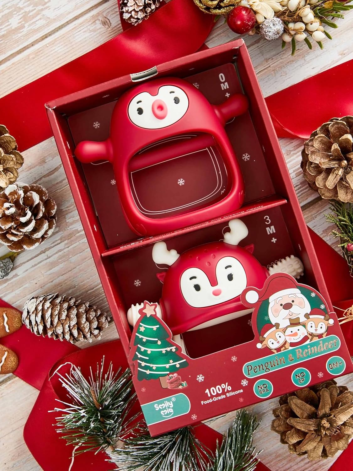 Baby Christmas Stocking Stuffers-Smily Mia Penguin Buddy and Reindeer 2 in 1 Christmas Gift/Toy Set for 0-12 Months Teething Babies, Teeting Mittens For Babies, Infant Christmas Gift Box-Christmas Red