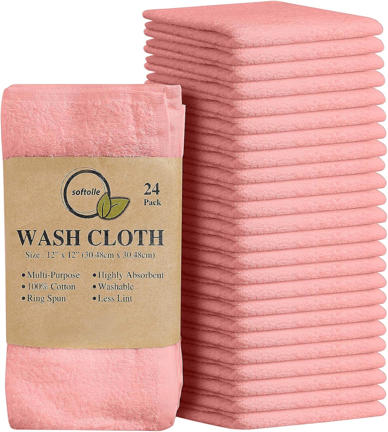 Softolle 100% Cotton Washcloths 24 Pack (12x12 Inches) Soft, Highly Absorbent Washcloth, Face Towels, Wash Cloths for Face, Ring Spun, Bulk Pack (Pink)