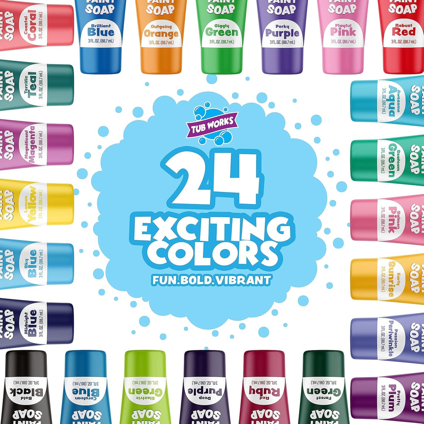 Tub Works® Bath Paint Soap Bath Toy, 24 Pack | Non-Toxic, Washable Bath Paint for Finger Painting in the Tub | Ideal Toddler Bath Toys for Creative Play | Classic & Pastel Bath Colors for Kids Bath