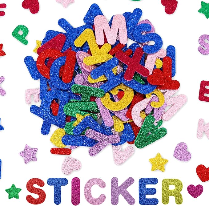 BEISHIDA 448 Pcs Glitter Foam Letter Stickers ，Letter 1.5inch 1inch Heart Stars