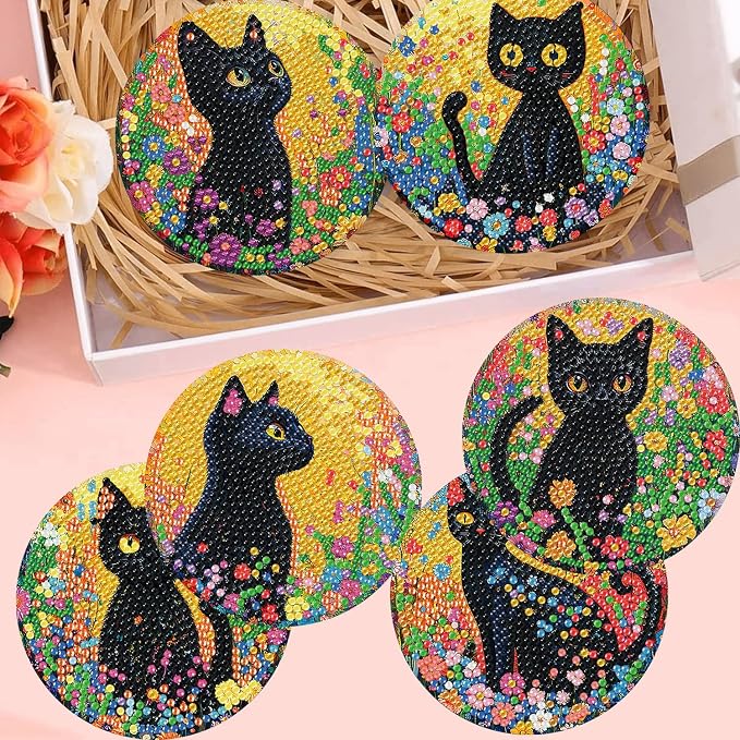 8 Pack Black Cat Diamond Art Coasters Kit for