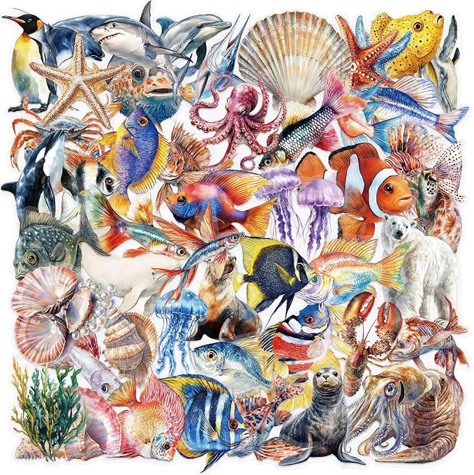 50Pcs Cartoon Marine Life Stickers Waterproof PET Water Bottle Decal Marine