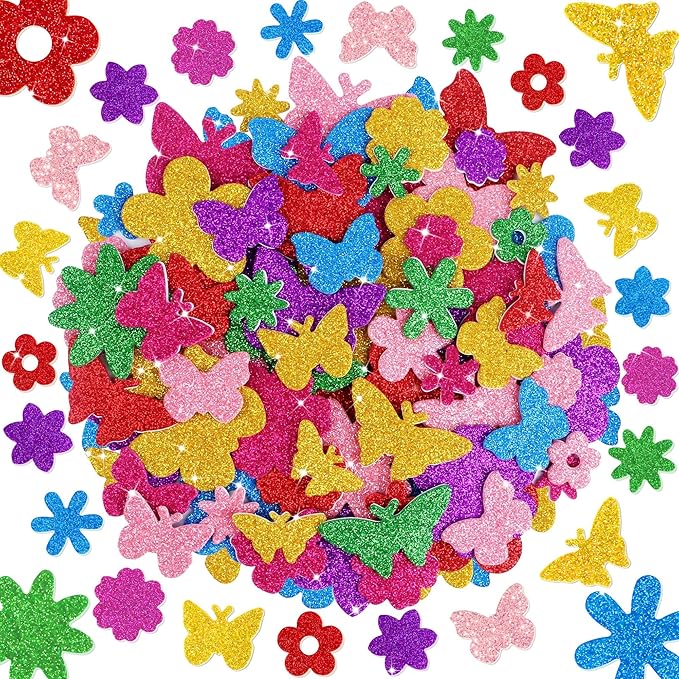 Foam Stickers, 7 Sheets 3D Glitter Foam Flower and Butterfly Shapes Stickers