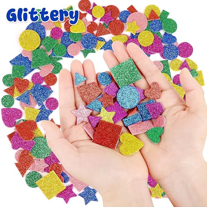 CCINEE 714 Pcs Glitter Foam Stickers 6 Colors Self Adhesive Heart Stars Circle
