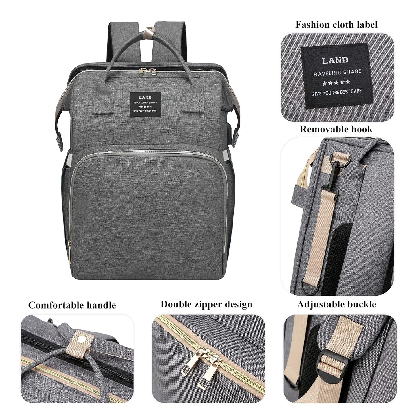 Diaper Bag with Changing Station,Baby Diaper Bag Backpack,7 in 1 Travel Diaper Bag,Baby Bag Mommy Bag With USB Charging Port (Grey)