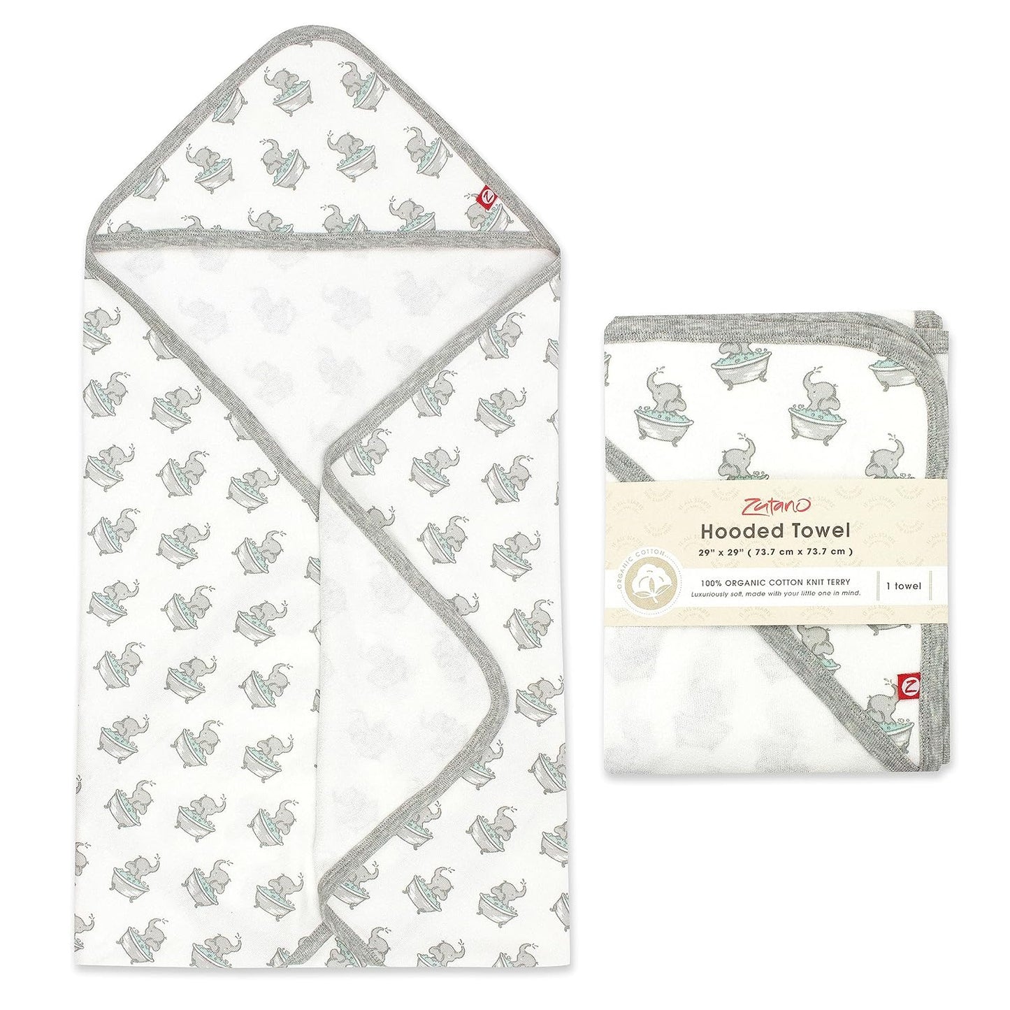 Zutano Hooded Baby Towels, Organic Cotton Baby Bath Towel, Ultra Soft and Absorbent Baby Towel for Newborn and Infant | Girl, Boy, and Unisex Towel Set, Elephant Bath Time, 1-Pack