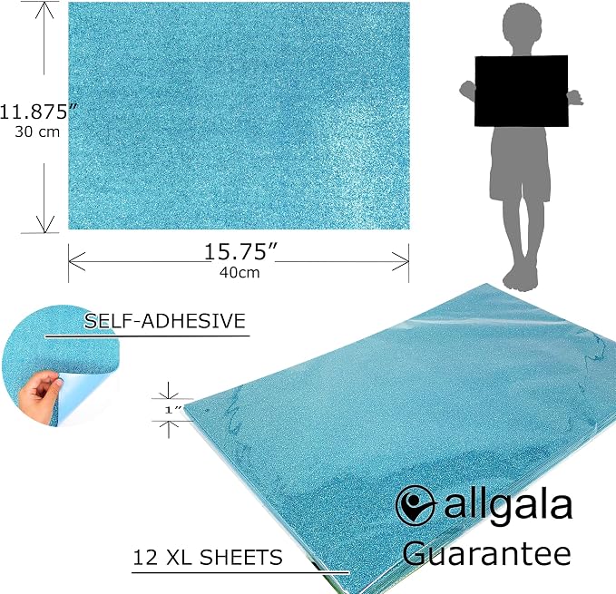 Allgala X-Large Self-Adhesive Glitter EVA Foam Sheets 12 Pack 12x16 inch Light