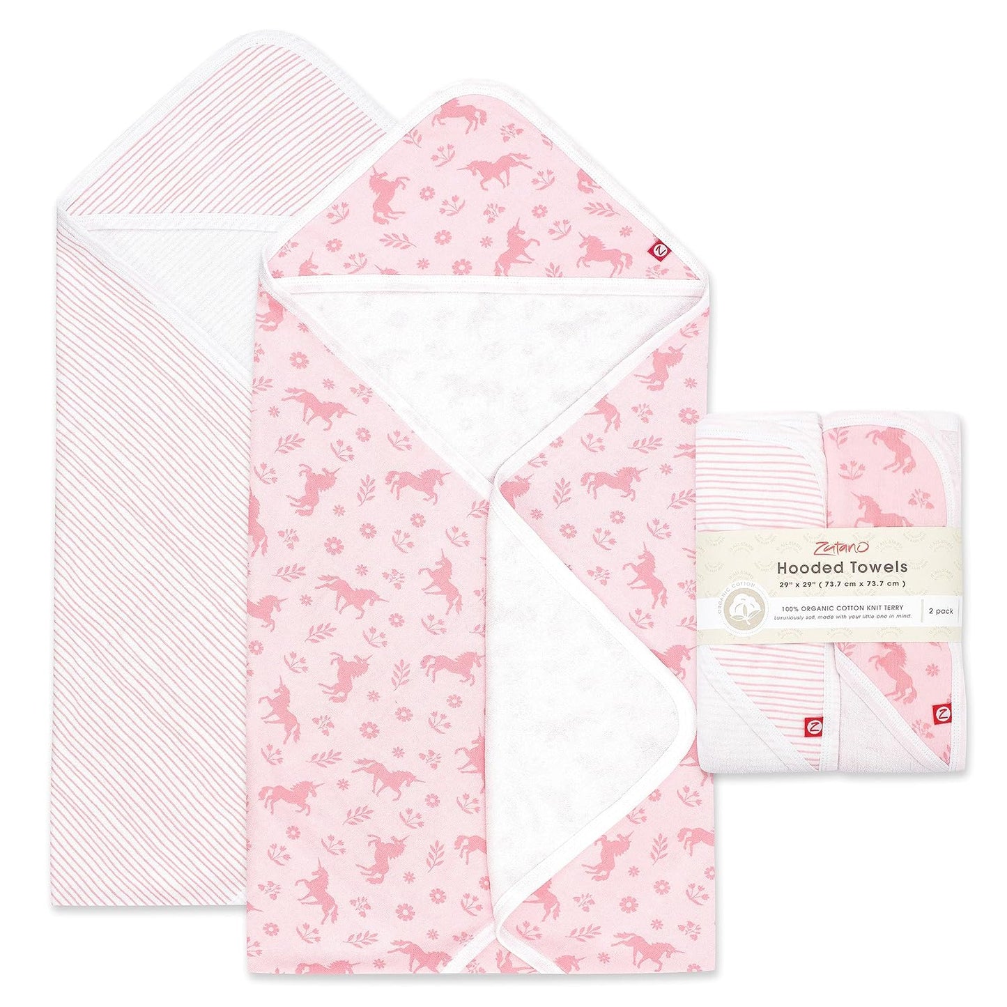 Zutano Hooded Baby Towels, Organic Cotton Baby Bath Towel, Ultra Soft and Absorbent Baby Towel for Newborn and Infant | Girl, Boy, and Unisex Towel Set, Unicorn Meadows, 2-Pack