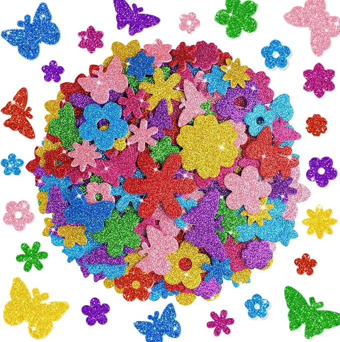 512 PCS Glitter Foam Stickers, Colorful Flower & Butterfly Shapes Foam Stickers