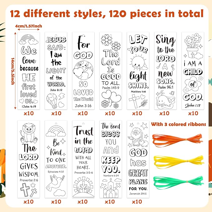 120Pcs Bible Color Your Own Bookmarks Religious DIY Crafts | Christian Coloring