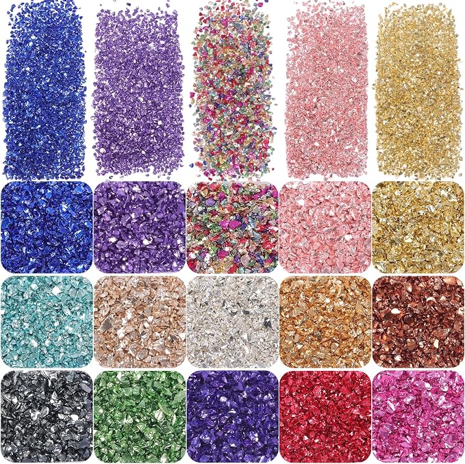 15 Colors Metallic Crushed Glass Chips 225g/7.9oz, 2-4mm Shiny Irregular