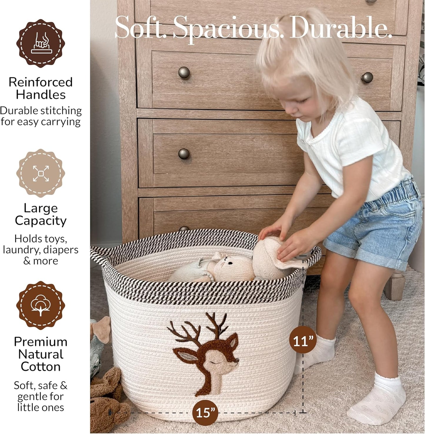 Deer Storage Basket for Nursery – Large 15”x11” Cotton Rope Bin with Soft Felt Animal Patch – Toy Organizer, Baby Laundry Hamper, Diaper & Towel Holder – Foldable, Washable & Baby-Safe