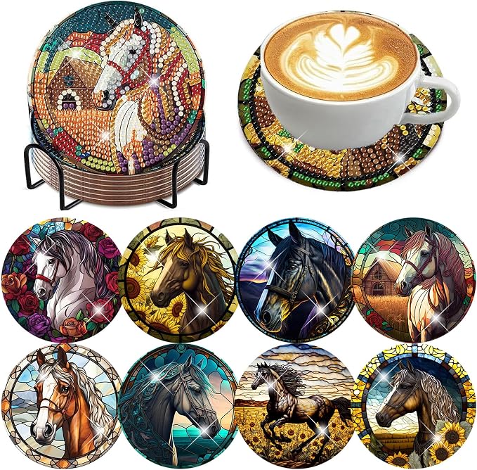Zythron 8 Pack Diamond Art Coasters, Horse Diamond Painting Coasters Kits |