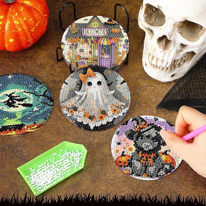 Axquilon 8 Pcs Halloween Diamond Art Coasters Kit