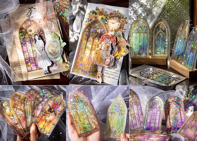 Glazed Flower Window Frame Stickes, 60 Pieces Glitter Holographic Transparent