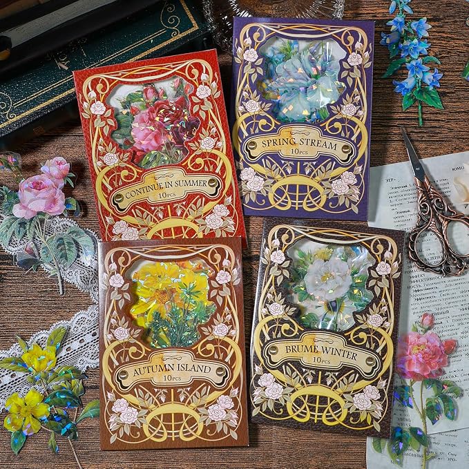 Yoksas 40 Pcs Large Vintage Shiny Flowers Stickers