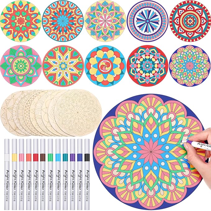 Vercraft 22 Pcs Wooden Mandala Painting Set 10 Mandala Unfinished Wood Cutouts