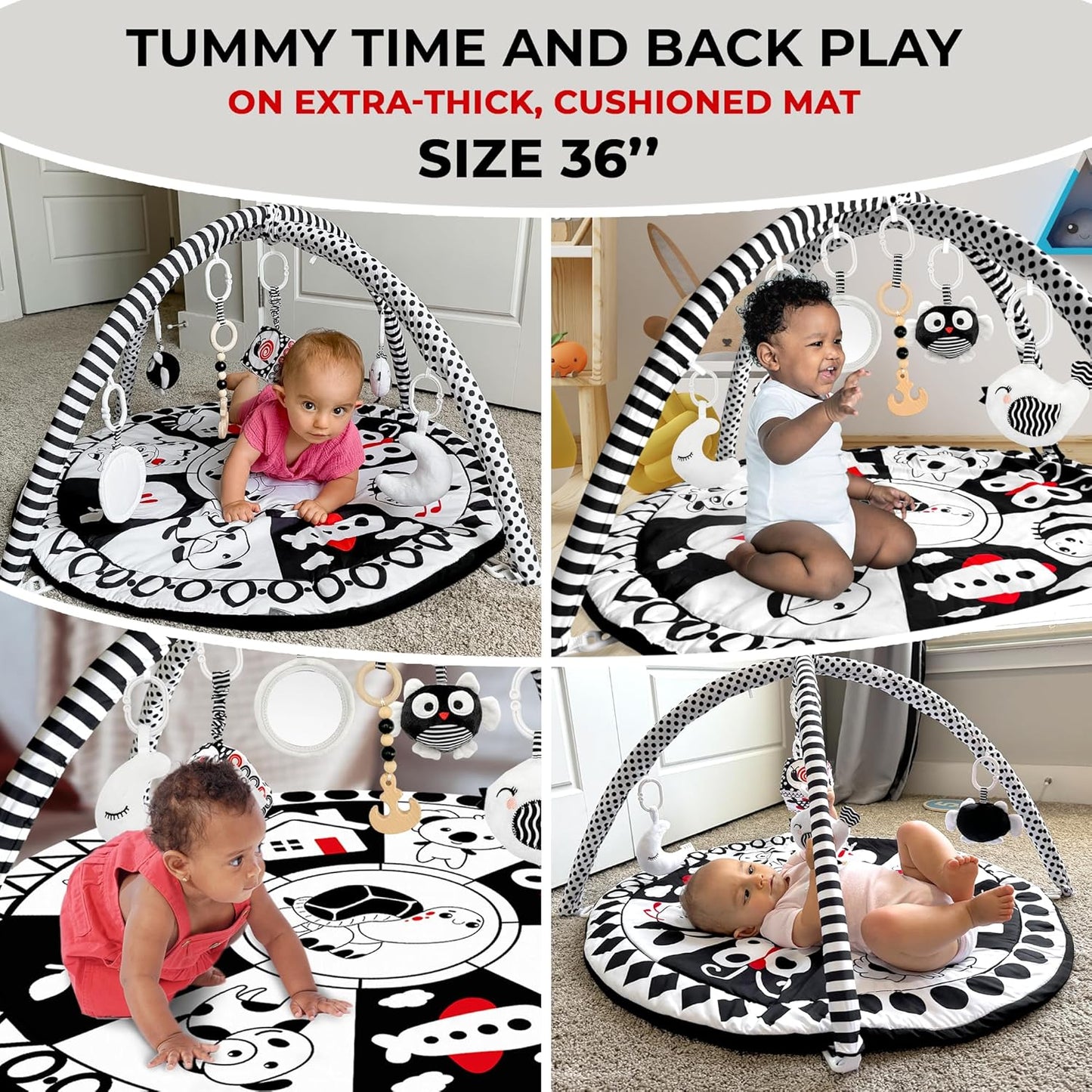 QUOKKA Padded Baby Gym Mat for Floor Tummy Time - Super Soft Black&White Play Gym Mat for Kids Toddlers & Infants - 6 Toys | Thick Pad | Machine Washable | Black White Colors for Vision Development
