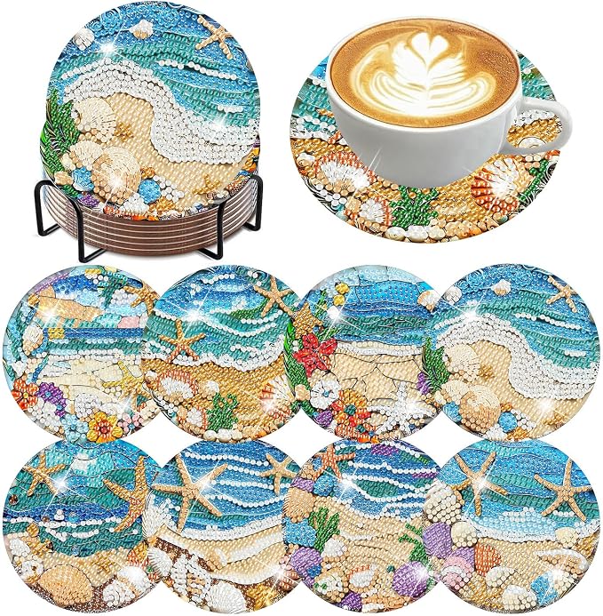 ijbnhd 8 Pack Diamond Art Coasters Kits Ocean | Diamond Painting Coasters Kit