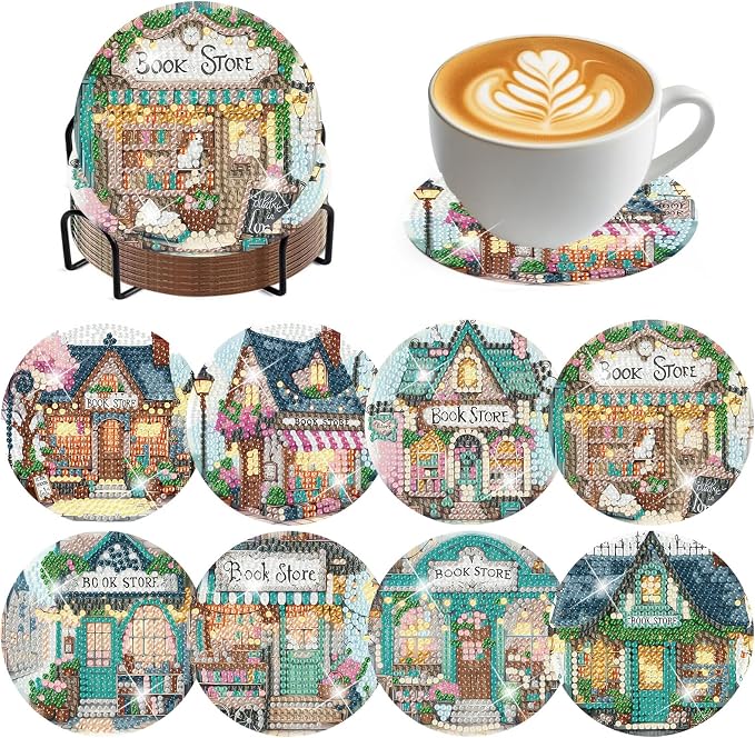 ijbnhd Diamond Art Coasters Kits, Book Store, 4x4 inch | Cork Wooden Pad