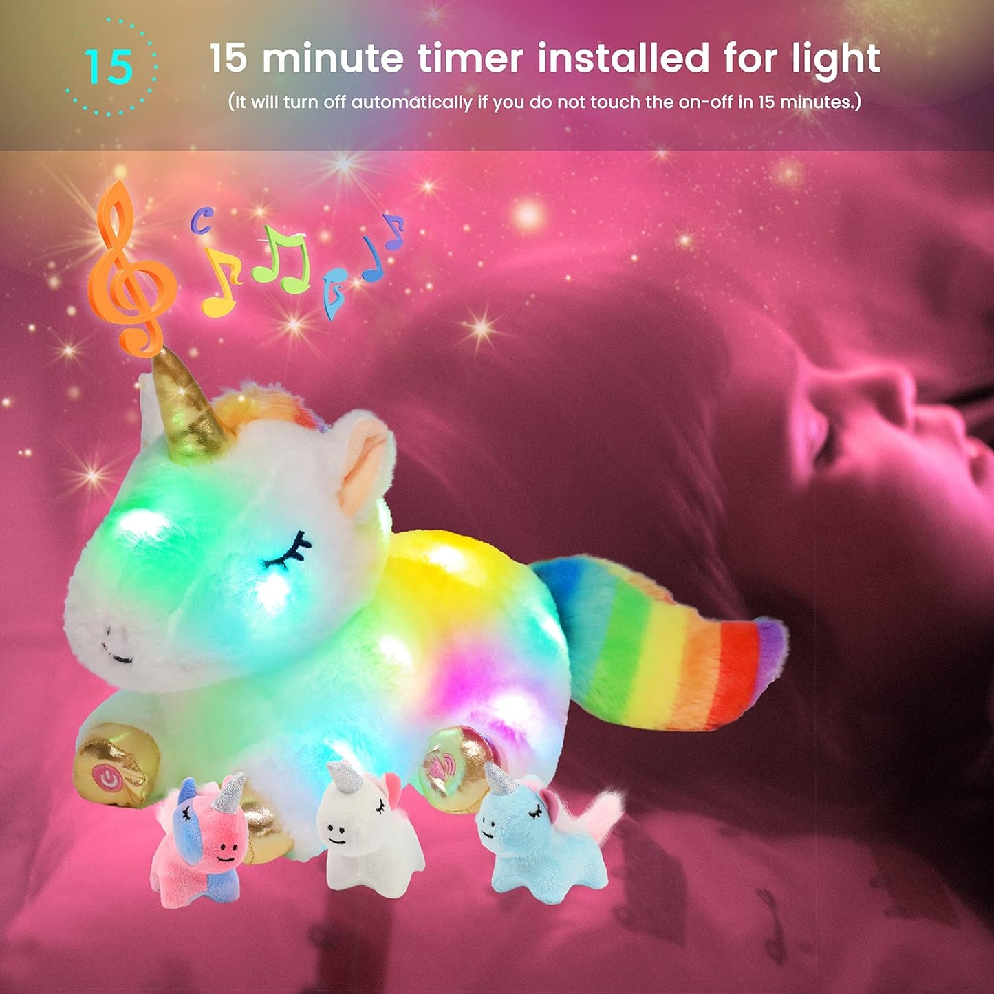 Hopearl LED Musical Stuffed Unicorn Playset Lighting Up Singing Plush Toy Mommy Unicorn with 3 Baby Unicorns in her Tummy Adjustable Volume Lullaby Animated Soothe Gifts for Kids Girls, White, 19''