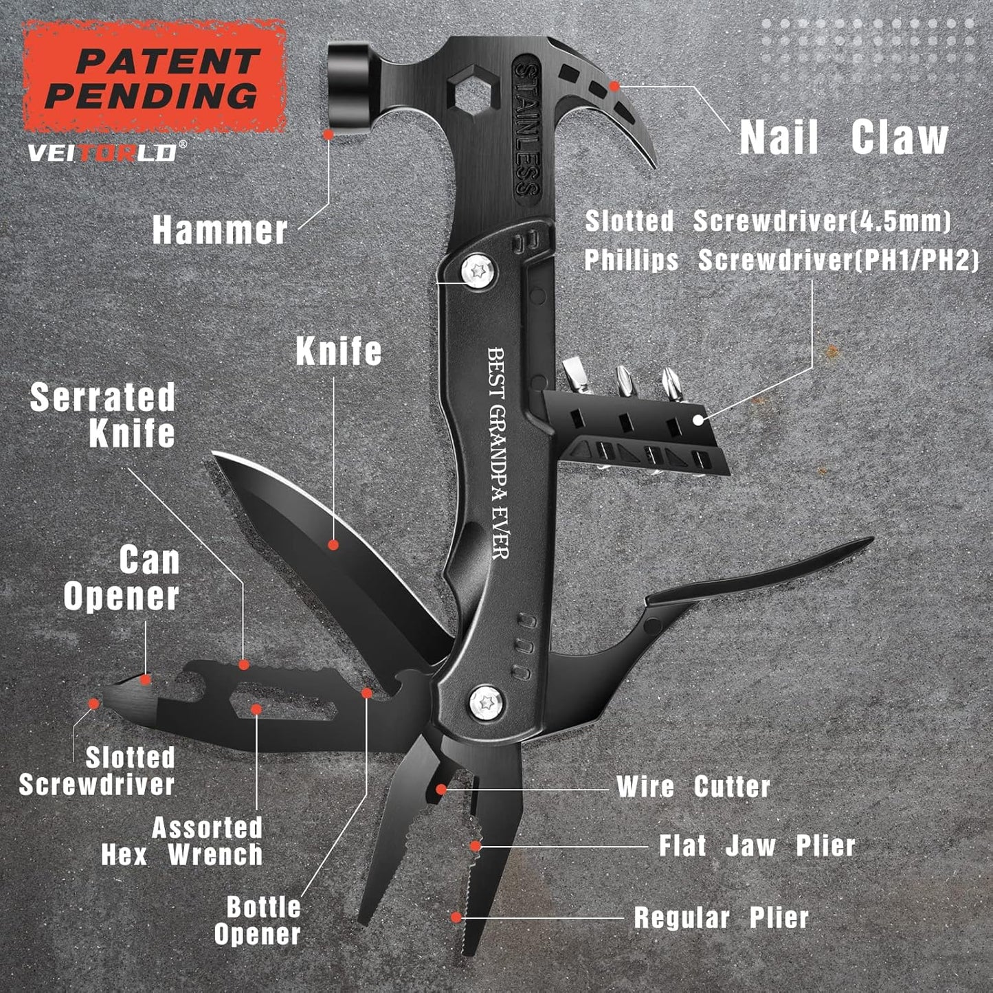VEITORLD Christmas Stocking Stuffers, Gifts for Men Dad Grandpa, All in One Survival Tools Hammer Multitool, Best Grandpa Ever Gifts, Cool Gifts for Grandparents Who Have Everything, Cool Gadgets