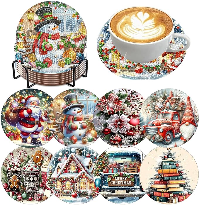8 Pack Christmas Diamond Art Coasters, Diamond Painting Coasters Kits |