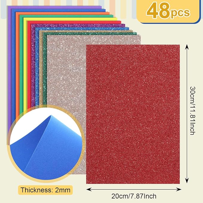 Feifeiya 48 Pack Assorted Colors Foam Sheets 8 x 12 Inch, 36 Regular Foam
