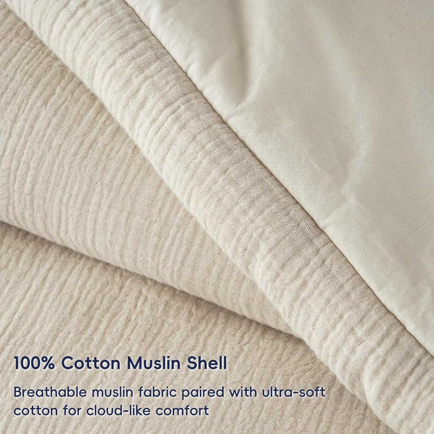 PHF Cotton Muslin Comforter Set King Size – Ultra Soft, Breathable & Lightweight Bedding Set for All Seasons, 3 Pieces - 1 Comfy Comforter 104"x90", 2 Pillow Shams 20"x36", Natural