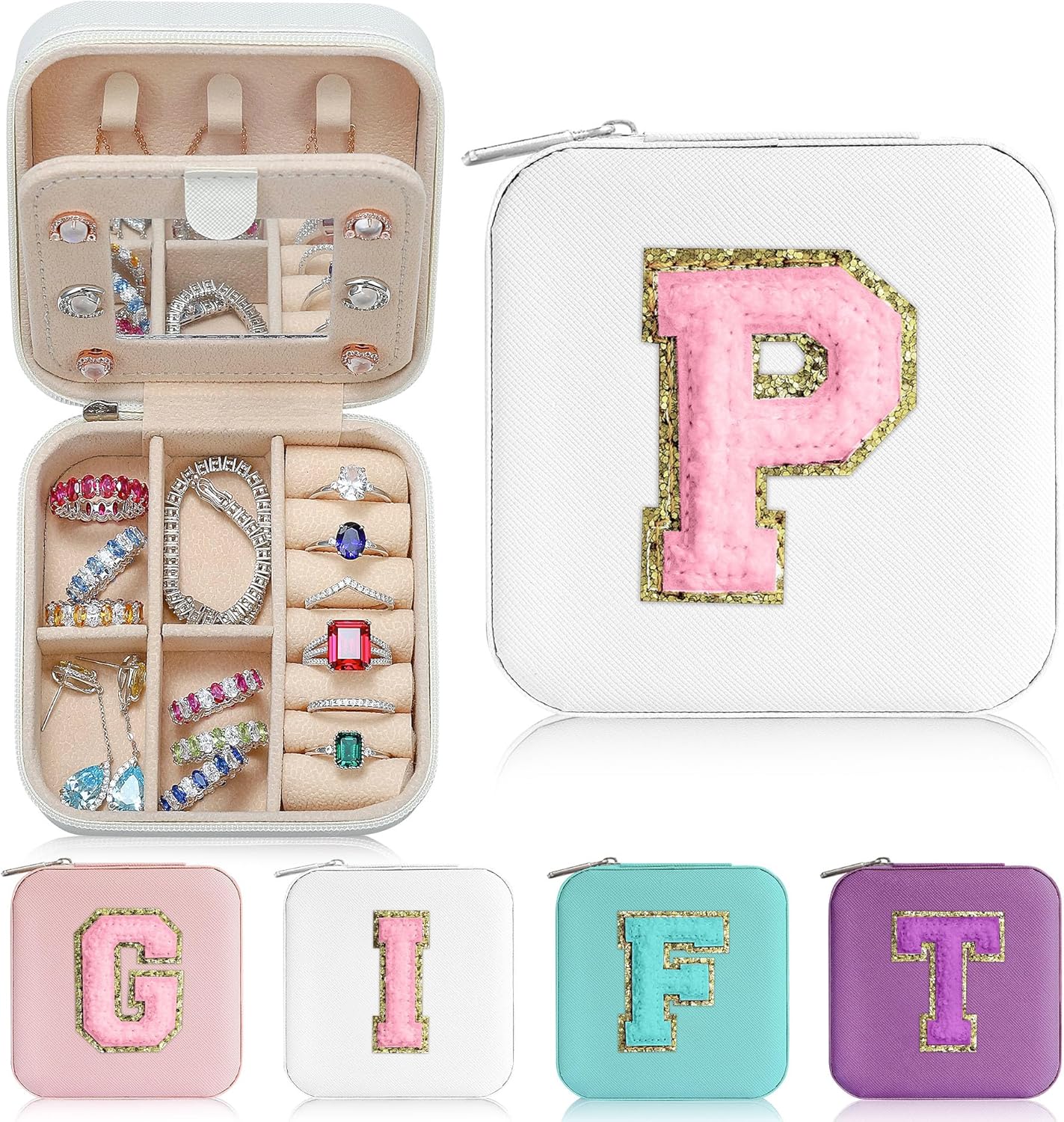 Parima Jewelry Organizer Box, Small Jewelry Box for Women Girls Initial P Travel Jewelry Case Small Jewelry Organizer Box Travel Jewelry Case Jewelry Box Organizer - Letter P, White
