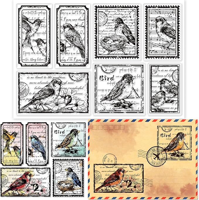 GLOBLELAND Vintage Flower and Bird Text Clear Stamps