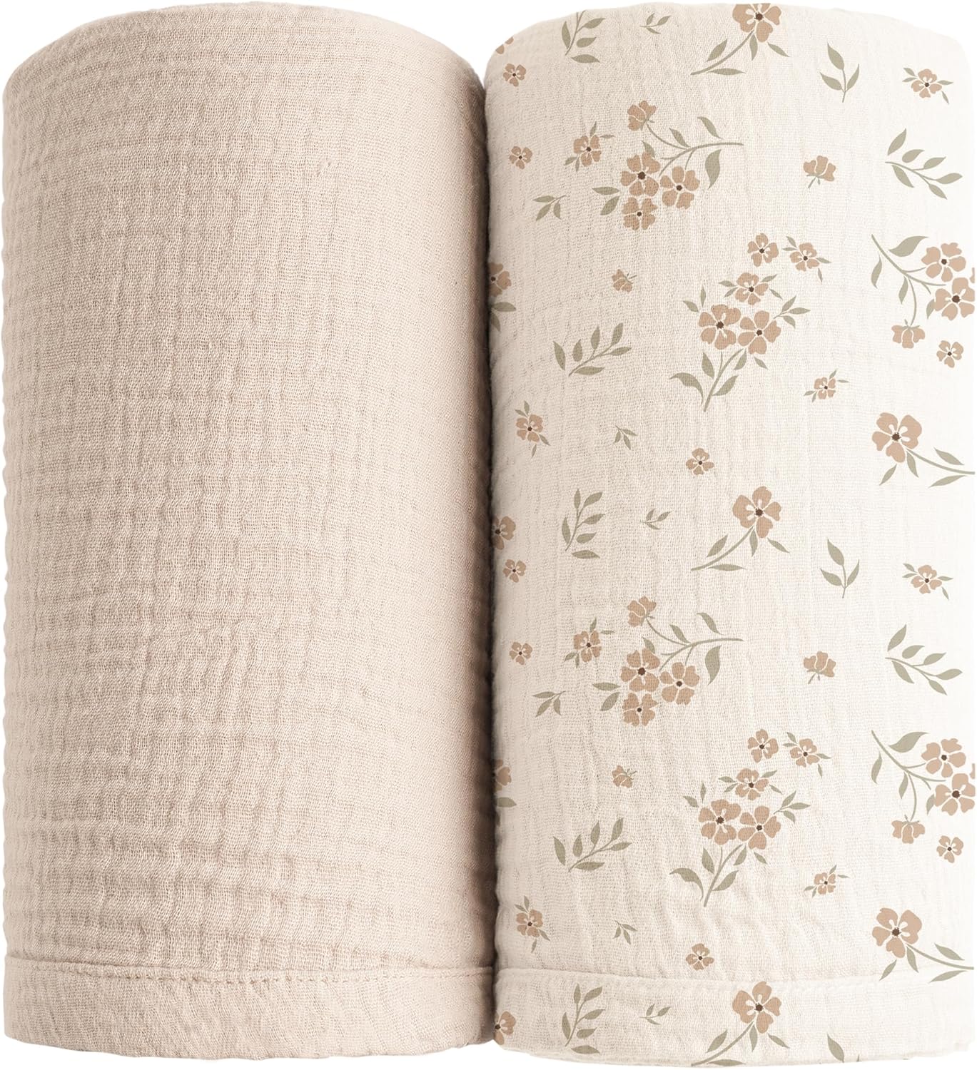 Konssy Muslin Swaddle Blankets for Boys Girls, 2 Pack Receiving Baby Blanket Large 47 x 47 inches, Soft Breathable Swaddling Wrap for Unisex Newborn (Blossom,Cream)