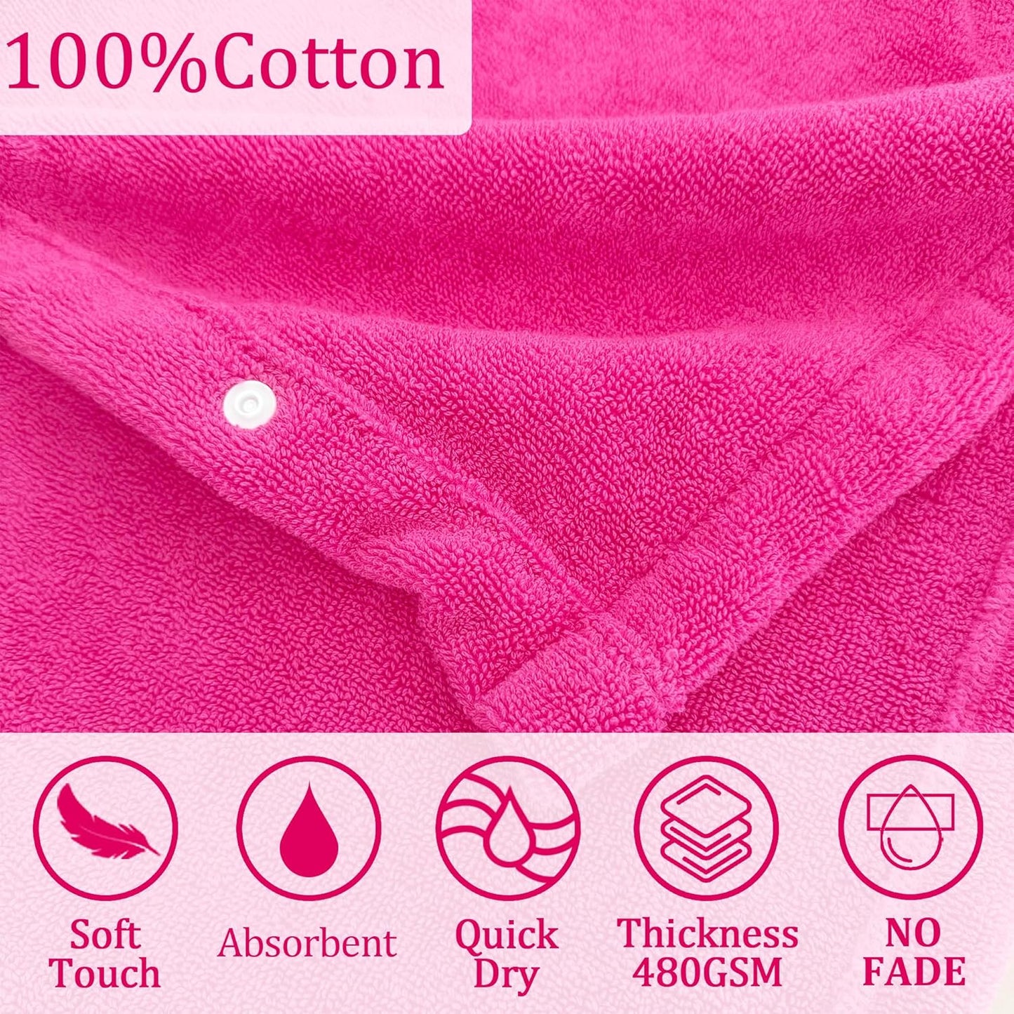 VOOVA & MOVAS Baby Hooded Towel with Bear Ear, 0-3Years | 100% Cotton, Ultra-Soft & Absorbent | Gentle for Sensitive Skin, Bath, Pool & Beach Towel | Newborn (Hot Pink)