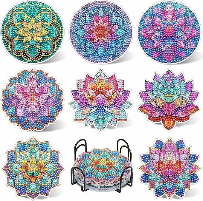 UPINS 8Pcs Lotus Diamond Art Painting Coasters Kits