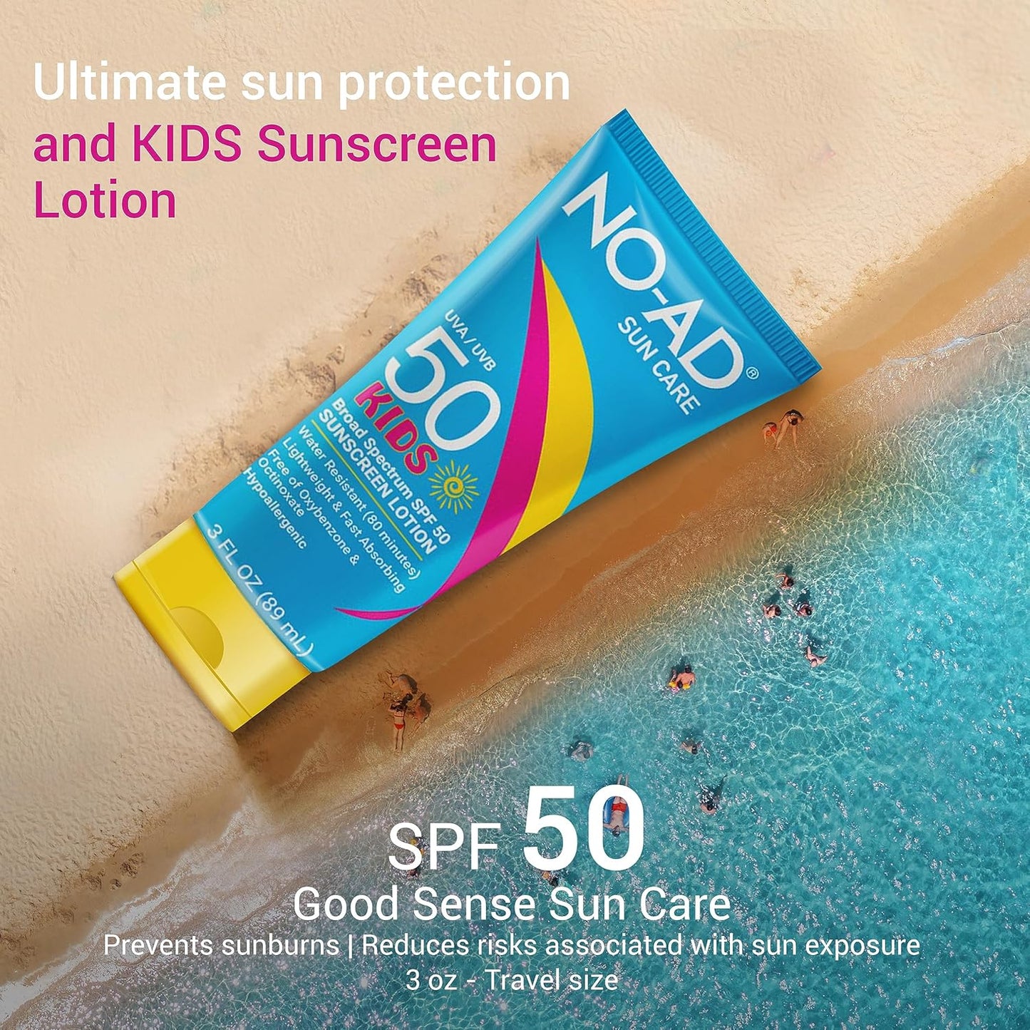 NO-AD KIDS SPF 50 Sunscreen Lotion | Non-Greasy and Waterproof Sunscreen | Suitable for All Skin Types | Broad Spectrum Protection for Active Lifestyles | 3 oz | Pack of 3