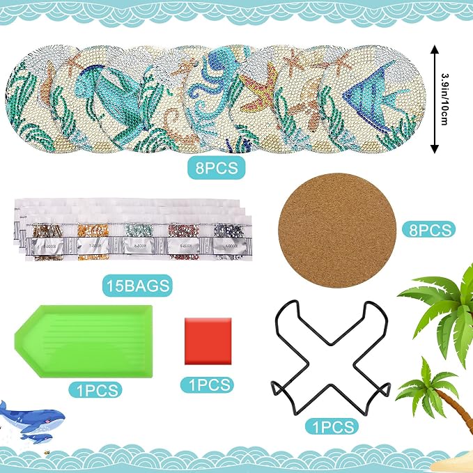 UPINS Ocean Diamond Art Painting Coaster Kit, Non Slip Coaster Art Supplies