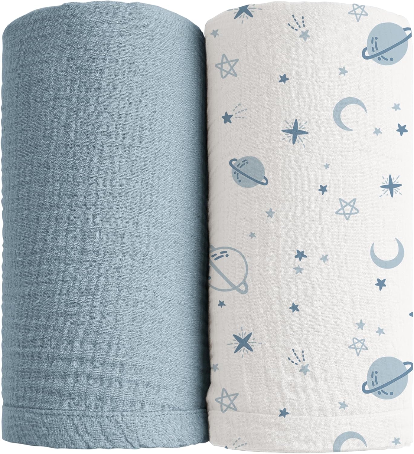 Konssy Muslin Swaddle Blankets for Boys Girls, 2 Pack Receiving Baby Blanket Large 47 x 47 inches, Soft Breathable Swaddling Wrap for Unisex Newborn (Star,Blue)