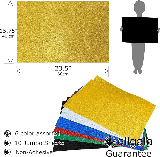 Allgala Jumbo Glitter EVA Foam Sheets 10 Pack 16x24 inch Paper Sheets-Assorted